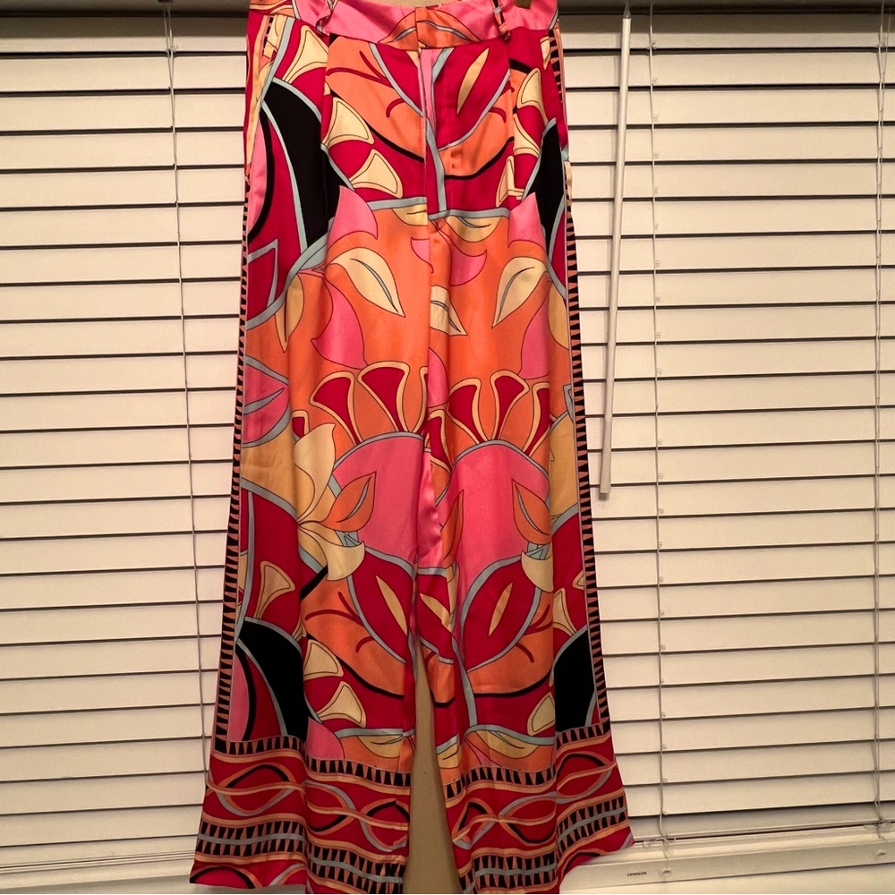 Sundayup Bright Colorful Floral Print Silky Pleated Palazzo Pants